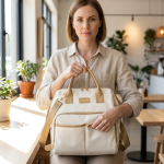 Convertible Canvas Diaper Bag Backpack With Shoulder Strap - Beige
