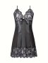 Contrast Lace Mesh Slip Dress Deep V Backless Scallop Trim Babydoll Women's Sexy Lingerie & Underwear