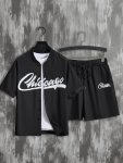 2PCS Letter Print Trendy Outfits For Men Casual Short Sleeve Baseball Jersey Shirts And Drawstring Shorts Set For Summer Men's C