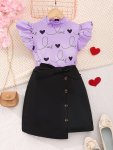Girl's Elegant 2PCS Flutter Sleeve Top + Asymmetric Button Skirt Set Summer Outfit Party Gift