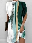 Color Block Split Sleeve Dress Elegant Mock Neck Dress For Spring & Summer Women's Clothing