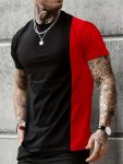 Men's Contrast Color Patchwork Pieces Print T-Shirt With Crew Neck And Short Sleeve Casual And Stylish Tops For Summer Outdoors