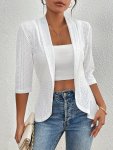 Shawl Collar Open Front Coat Elegant 3 4 Sleeve Solid Eyelet Coat For Spring & Fall Women's Clothing