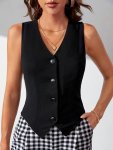 V Neck Button Front Vest Elegant Solid Color Sleeveless Waistcoat For Spring & Fall Women's Clothing