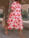 Heart Print Crew Neck Loose Dress Elegant Short Sleeve Flowy Dress For Spring & Summer Women's Clothing