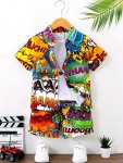 2PCS Boys Casual Cartoon Letter All Over Graphic Print Short Sleeve Lapel Shirt & Shorts Set Comfy Summer Boys Clothing