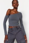One-shoulder Cotton Elasticated Fitted situated Crop Knitted Blouse - Anthracite