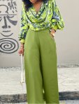 Elegant Two-piece Set Allover Print Cowl Neck Lantern Sleeve Top & Solid Wide Leg Pants Outfits Women's Clothing