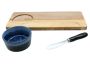 3-PIECE Set Blue Ceramic Bowl With Spreader & Acacia Tray