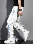 Multi-pocket Ribbon Design Men's Color Block Cargo Trendy Comfy Jogger Pants