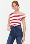 Boat Neck Stretch Knit Blouse - Red & White