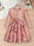 Casual Cute Ribbed Spliced Floral Long Sleeve Dress For Girls - Versatile For Holiday Spring Fall Outings