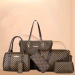 6PCS Geometric Pattern Bag Set Fashion Tote Bag With Boston Handbag Crossbody Bag Long Wallet Clutch Bag Key Holder For Women