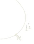 Silver Cubic Zirconia Cross Necklace & Classic Stud Earrings Set