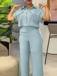 Solid Casual Two-piece Set Button Front Short Sleeve Shirt & Pants Outfits Women's Clothing