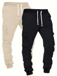 2PCS Men's Trendy Solid Footed Cargo Pants With Side Pocket Comfy Casual Regular Fit Trousers For Men's Outdoor Activities