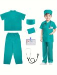 6PCS Boy's Imitation Doctor Suit Short Sleeve Top + Pants + Accessories Set Perfect For Halloween Dress Birthday Party School Performance As Gift