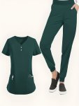 Solid Color 2PCS Modern Scrub Set V-neck 2 Pockets Scrub Top + Elastic Waist Scrub Bottoms Breathable & Comfortable Health Care
