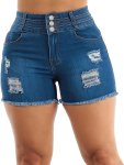 Women's Fashion Ripped Fringe Trim Denim Shorts Stretch Fit Casual Style High Waist With Button Closure