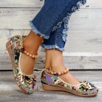 Women's Floral Print Flat Shoes Tribal Style Ankle Strap Slip On Shoes Casual Walking Shoes