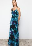 Ruffled Woven Long Evening Dress - Blue