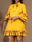 Plus Size Solid Tie Neck Dress Casual Ruffle Trim 3 4 Sleeve Lettuce Hem Dress Women's Plus Size Clothing Wedding Graduation Eng