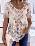 Plus Size Floral Print Top Lace Stitching Casual Short Sleeve Top Women's Plus Sizeclothing