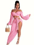 Sexy Solid Two-piece Skirt Set Off Shoulder Crop Top & Twist Split Skirt Outfits Women's Clothing