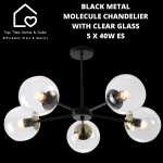 Black Metal Molecule Chandelier With Clear Glass - 5 X 40W Es