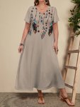 Plus Size Feathers Print Long Length Dress Casual Short Sleeve V Neck Dress For Spring & Summer Women's Plus Size Clothing