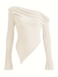 Solid Ruched Asymmetrical Neck T-Shirt Casual Hanky Hem Long Sleeve Top For Spring & Fall Women's Clothing