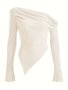 Solid Ruched Asymmetrical Neck T-Shirt Casual Hanky Hem Long Sleeve Top For Spring & Fall Women's Clothing