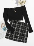 Casual Two-piece Skirt Set Ribbed Off Shoulder Long Sleeve Crop Top & Plaid Pattern Split Skirt Outfits Women's Clothing