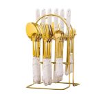 Zs - 24PCS Gold Dinnerware Flatware Set With Marbled Ceramic Handle & Holder - White