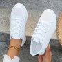 Women's Casual White Sneakers - Lightweight Lace-up Flats With Round Toe & Faux Cover Upper