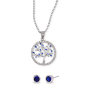Cubic Zirconia Tree Of Life Necklace & Sapphire Cz Stud Earring Set