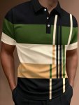 Men's Casual Vintage Style Striped Lapel 1 4 Button Short Sleeve Shirt For Men's Fitness Training