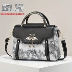 Elegant Floral Print Lady Shoulder Bag With Magnetic Closure Top Double Handles Pu Leather Metal Swan Decoration Heart Rhineston