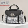 Elegant Floral Print Lady Shoulder Bag With Magnetic Closure Top Double Handles PU Leather Metal Swan Decoration (Heart Rhinestones) Adjustable Strap Water-Resistant Lined With