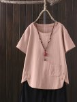 Plus Size Solid Button Detail Asymmetrical Hem Blouse Elegant Pocket Cotton Short Sleeve Crew Neck Blouse For Spring & Summer Wo
