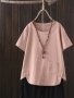 Plus Size Solid Button Detail Asymmetrical Hem Blouse Elegant Pocket Cotton Short Sleeve Crew Neck Blouse For Spring & Summer Women's Plus Size Clothing