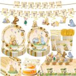 139 Pcs Birthday Decorations All-in-one Tableware Kit With Banner Cake Topper Tablecloth Plates And Napkins For Boy First Birthd