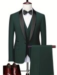 3PCS Classic Dress Suit Set For Men Shawl Lapel Collar Buttoned Blazer V-neck Single Breasted Waistcoat And Slim Fit Pants Elega