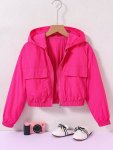 Tween Girl Flap Pocket Drop Shoulder Hooded Jacket Lightweight Zip Up Casual Flight Crop Jacket