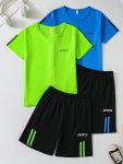 4-PIECE Set Boys Summer Trendy Quick-dry Sportswear SPOR7S Print Casual Style T-shirts And Shorts Outfit