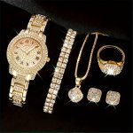 Elegant 6PCS Women's Golden Quartz Watch & Jewelry Set - Perfect Valentine's Easter Or Ramadan Gift