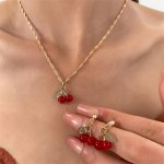 Cherry Pendant Necklace And Earring Set 3-PIECE Cute Sweet Style Fashion Jewelry Accessory For Women Daily Wear
