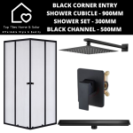 Black Corner Entry Shower Cubicle With Channel + Shower Set - 300MM