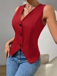 Button Front V Neck Vest Elegant Solid Color Sleeveless Slim Fit Vest For Spring & Summer Women's Clothing