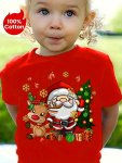 Cute Cartoon Santa Claus & Reindeer & Christmas Tree Graphic Print Tee Girls Casual & Trendy Cotton T-Shirt For Spring & Summer 